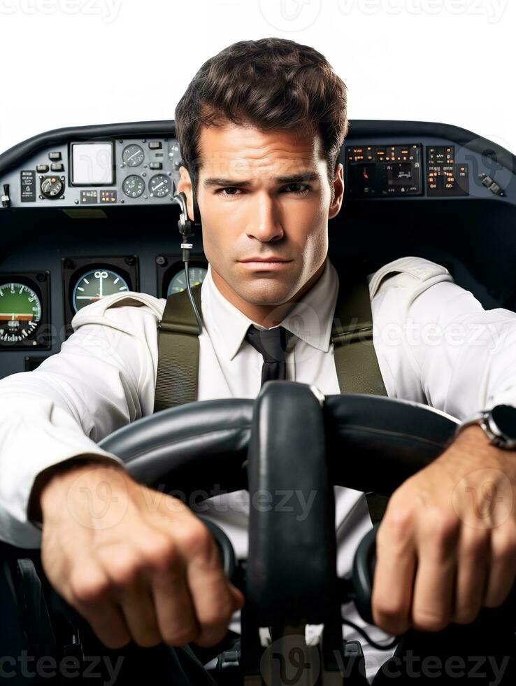 AI generated Skilled Male Pilot Navigating Aircraft, AI Generated photo