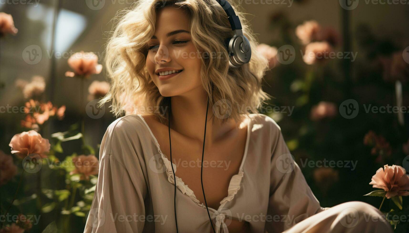 ai generado joven mujer disfrutando naturaleza, sonriente con auriculares, rodeado por flores generado por ai foto