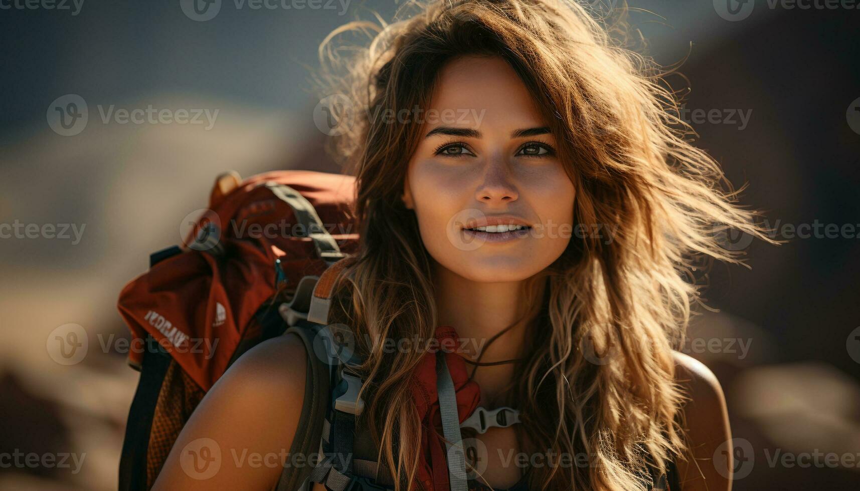 AI generated Young woman hiking outdoors, smiling, enjoying nature beauty and freedom generated by AI photo