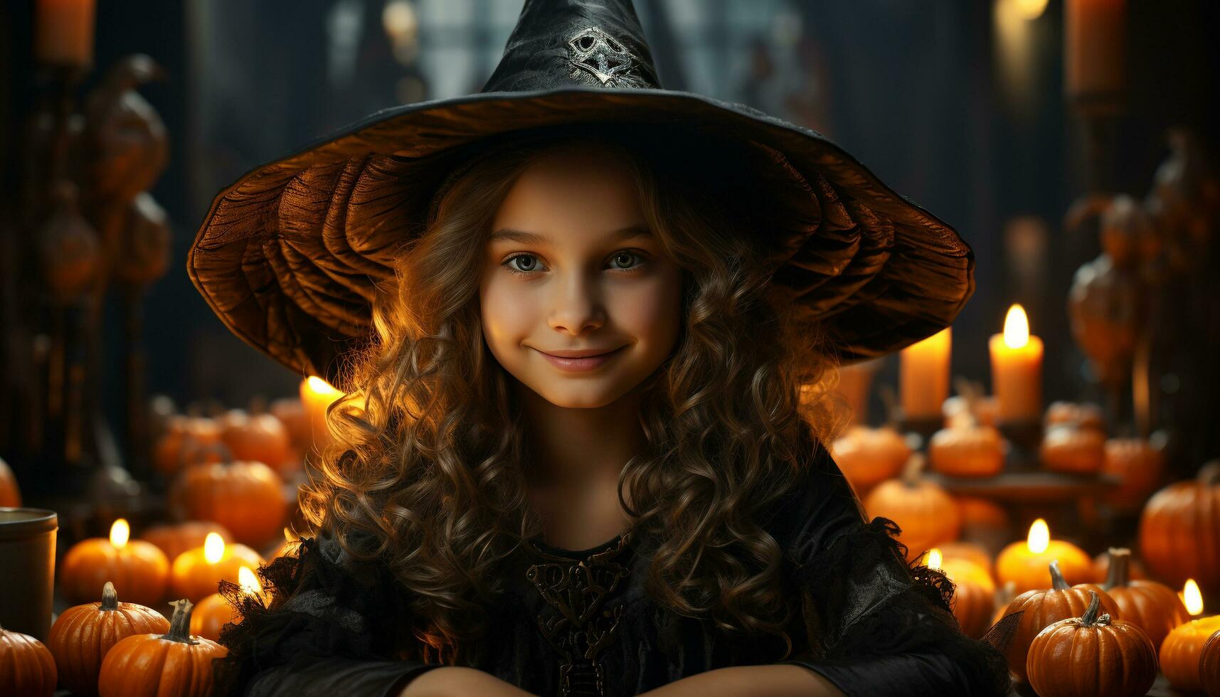 AI generated Cute child smiles, celebrating Halloween with spooky pumpkin decoration generated by AI photo