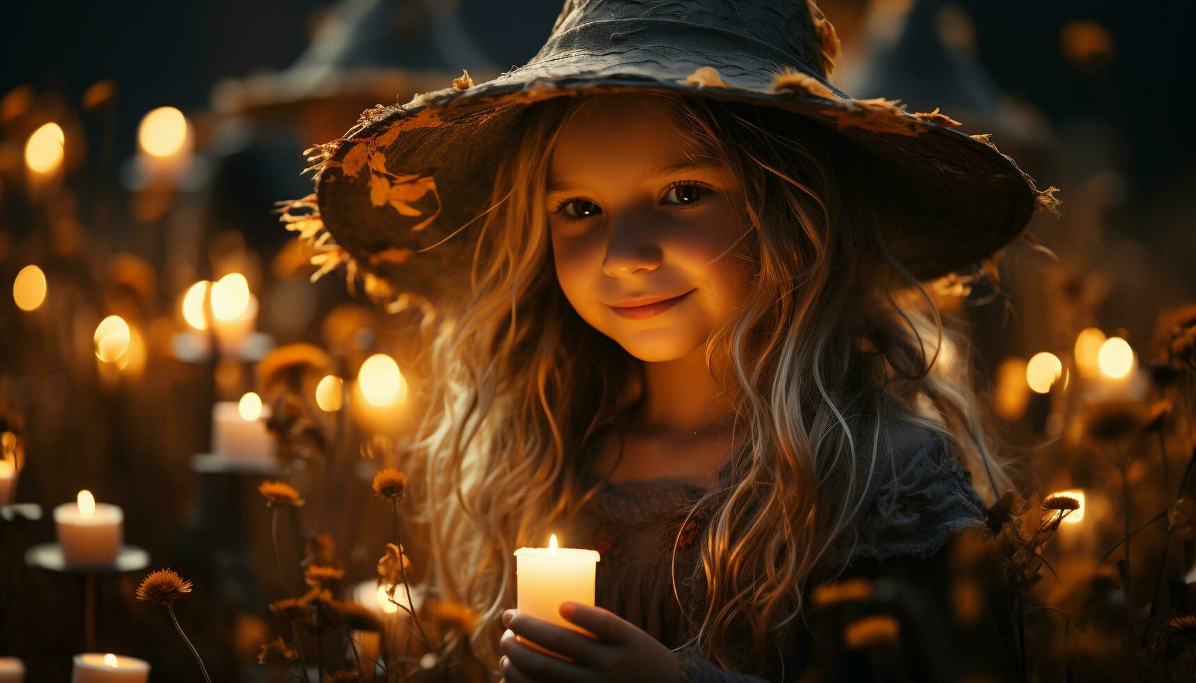 AI generated Smiling child holds candle, celebrating Halloween with joy and fun generated by AI photo