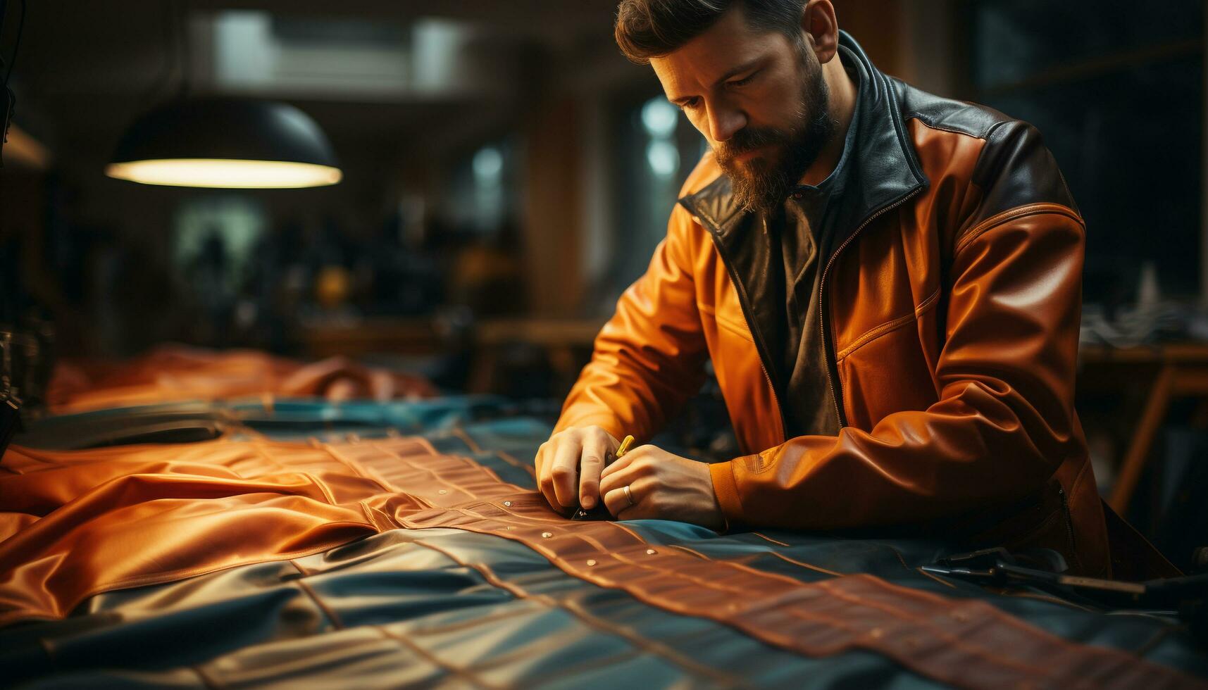 AI generated Young adult man sitting at table, working on leather craft generated by AI photo