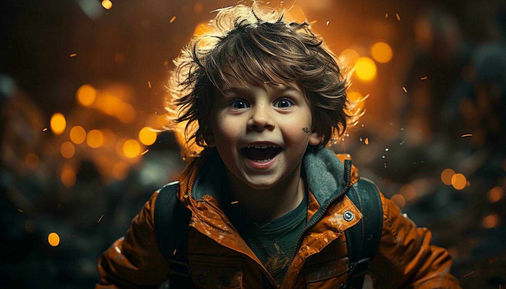 AI generated Smiling child playing outdoors, enjoying winter night in nature generated by AI photo