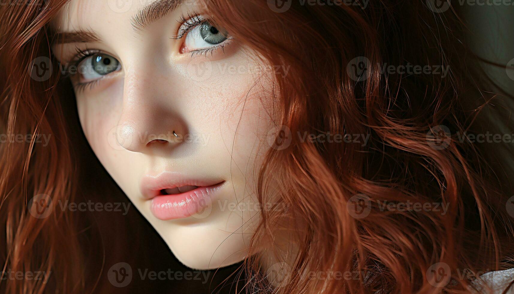 AI generated Beautiful redhead woman with curly hair looking at camera, smiling generated by AI photo