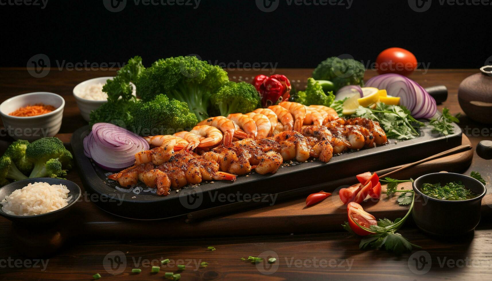 AI generated Grilled seafood and meat on wooden plate, healthy gourmet meal generated by AI photo