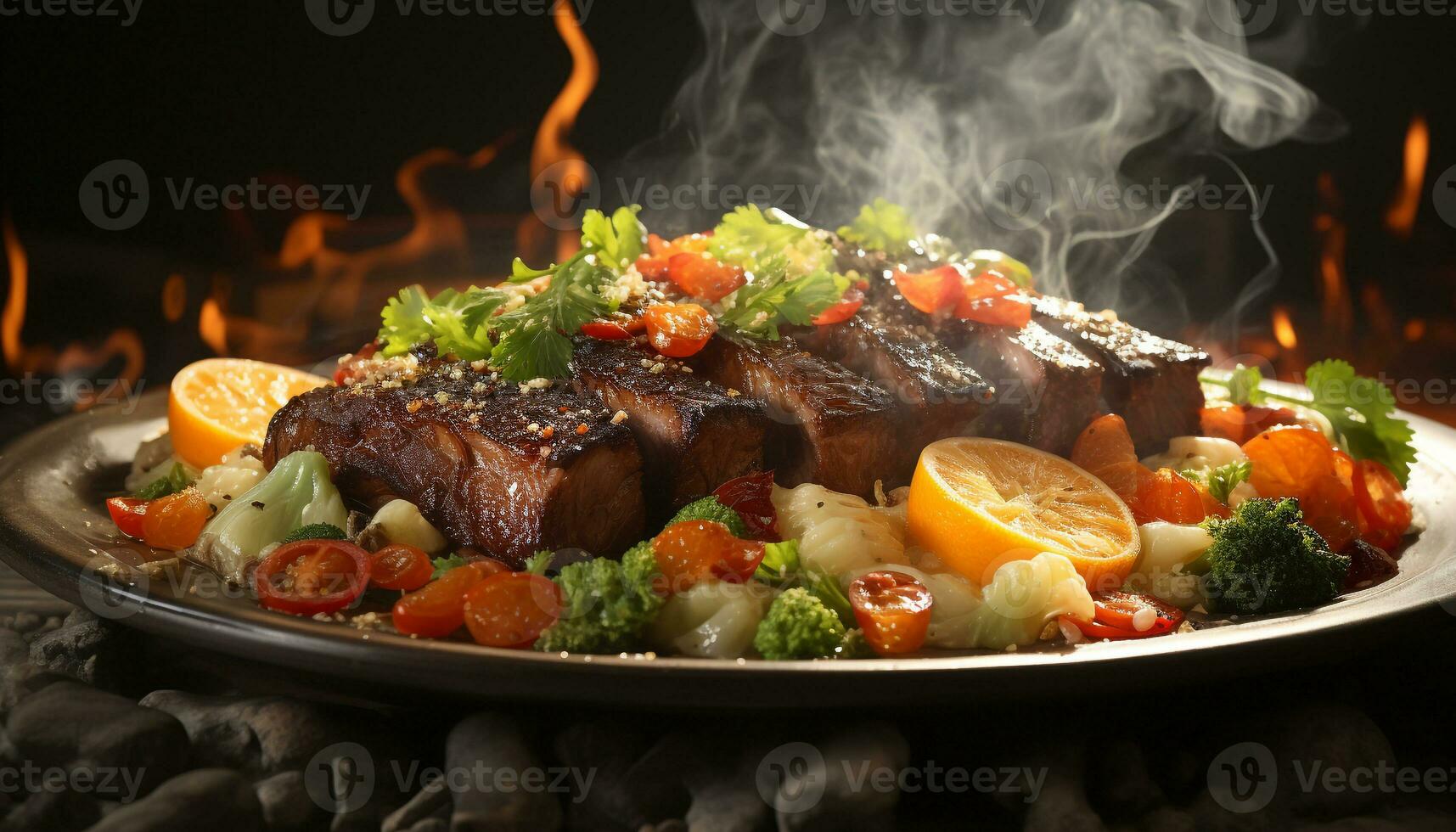 AI generated Grilled steak, cooked to perfection, served with fresh vegetables generated by AI photo