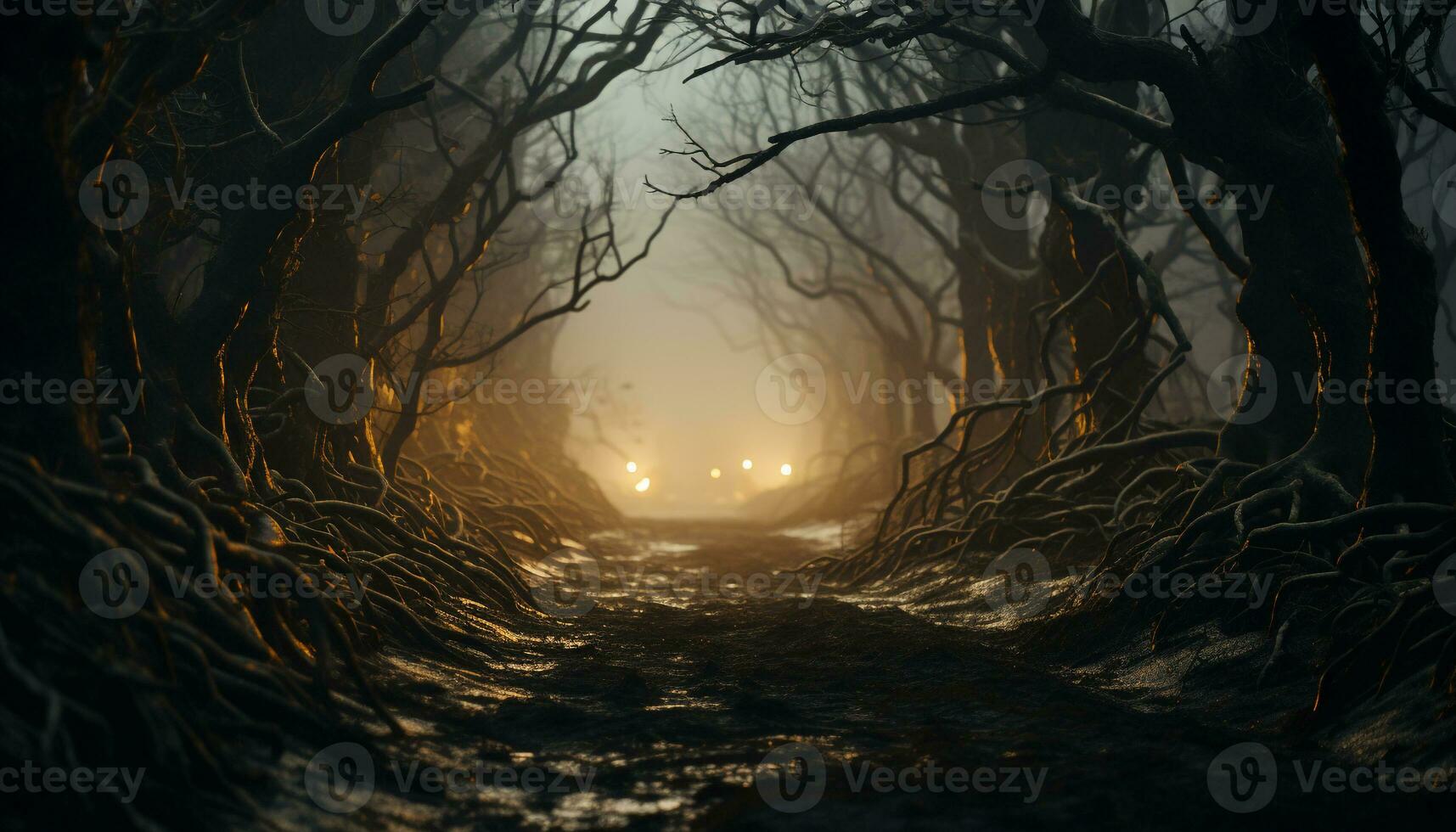 AI generated Spooky forest, dark mystery, horror in nature tranquil scene generated by AI photo