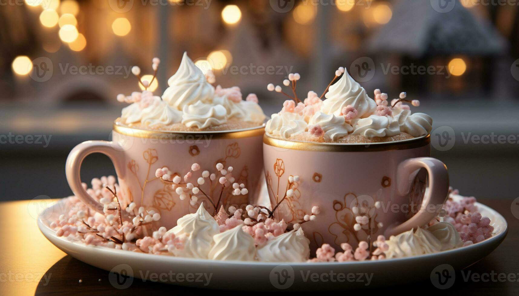 AI generated Gourmet dessert hot chocolate with whipped cream and marshmallow generated by AI photo