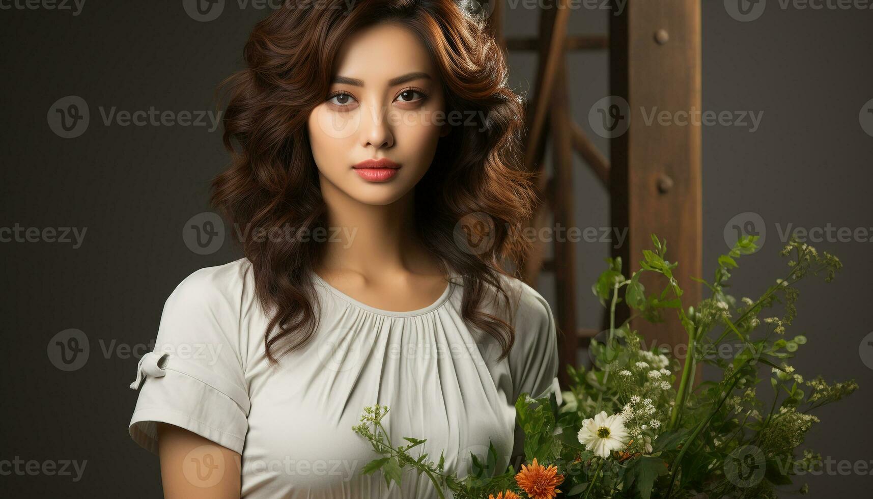 AI generated Beautiful woman with curly hair looking at camera, wearing dress generated by AI photo