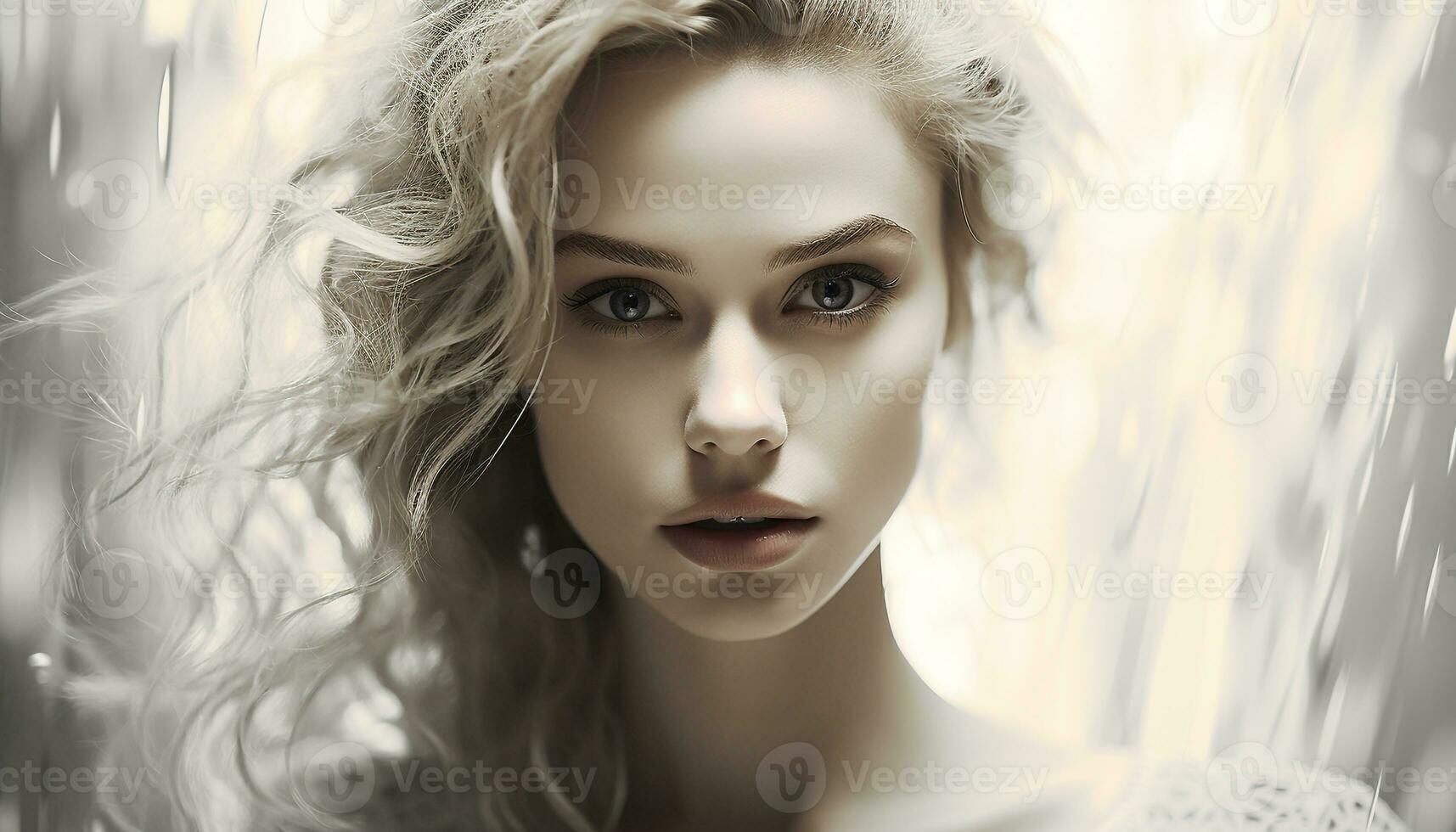 AI generated Beautiful woman with long blond hair looking at camera outdoors generated by AI photo