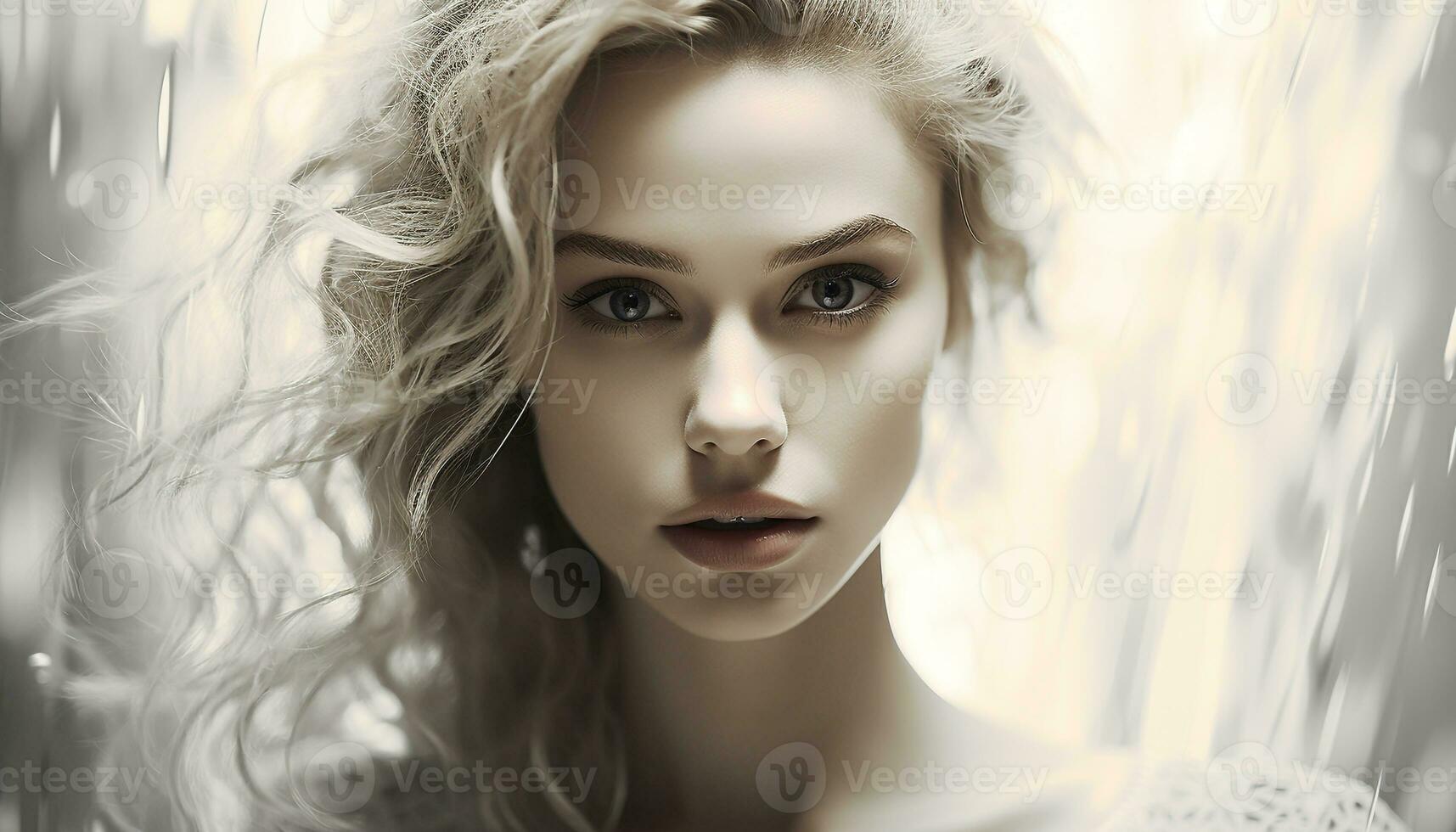 AI generated Beautiful woman with long blond hair looking at camera outdoors generated by AI photo