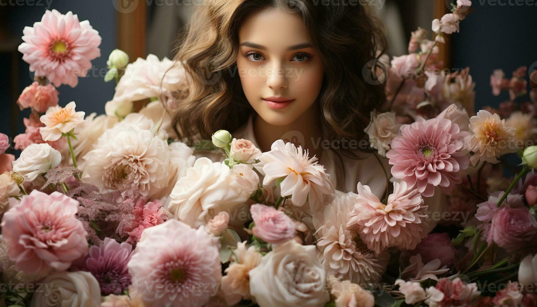 AI generated A beautiful woman with long brown hair holds a flower generated by AI photo