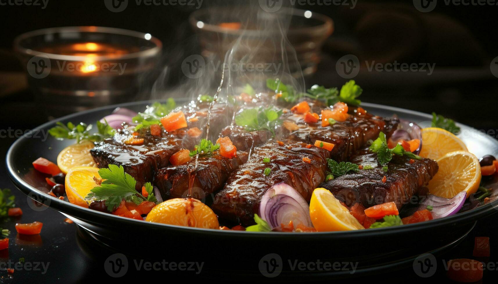 AI generated Grilled meat and vegetables on a fresh, healthy plate generated by AI photo