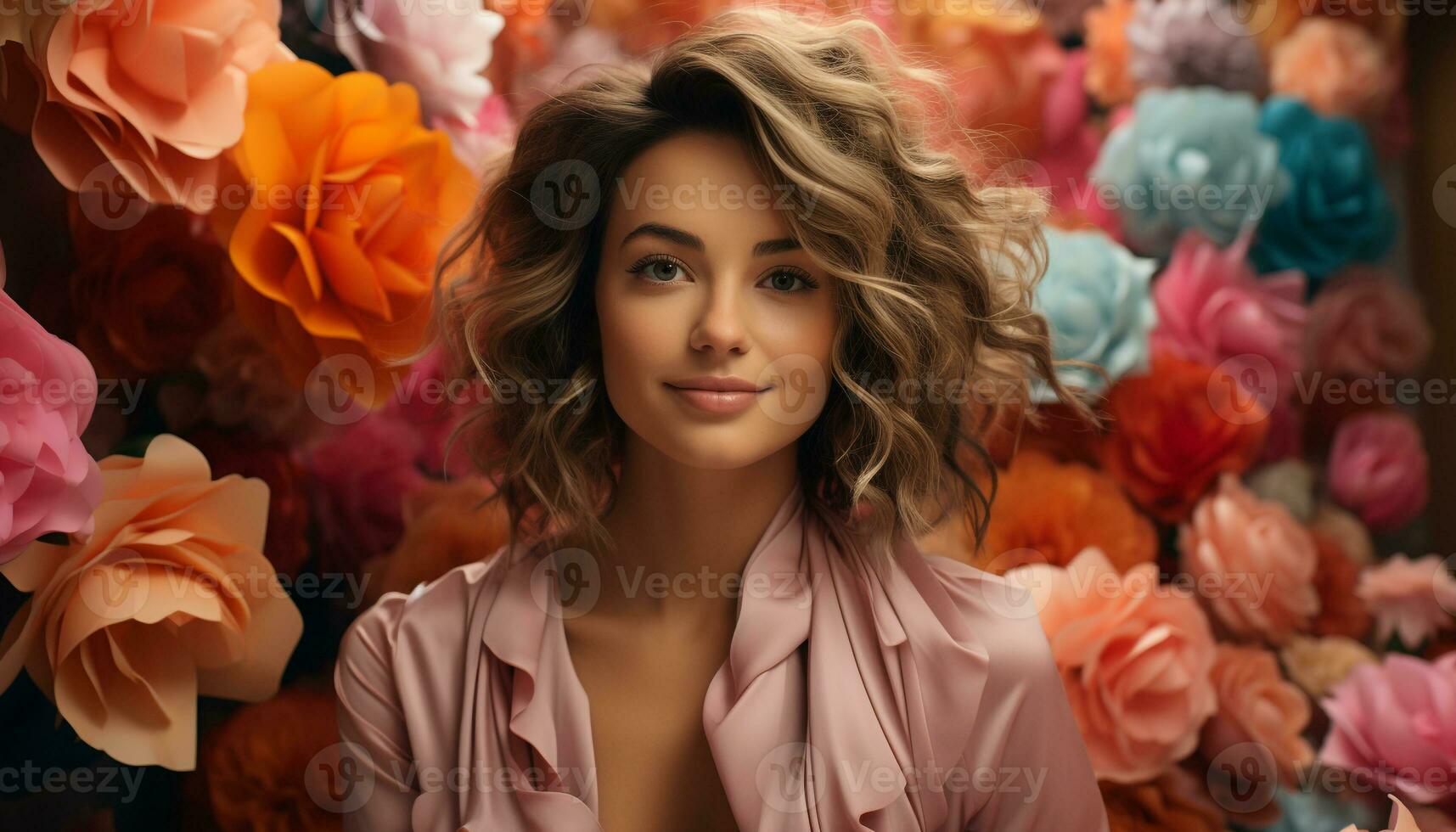AI generated A beautiful woman with curly hair smiles, holding a flower generated by AI photo