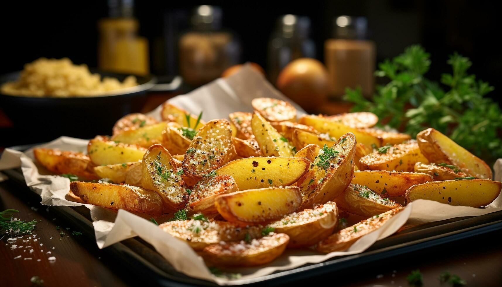 AI generated Grilled potato wedges, fresh and healthy, served on wooden table generated by AI photo
