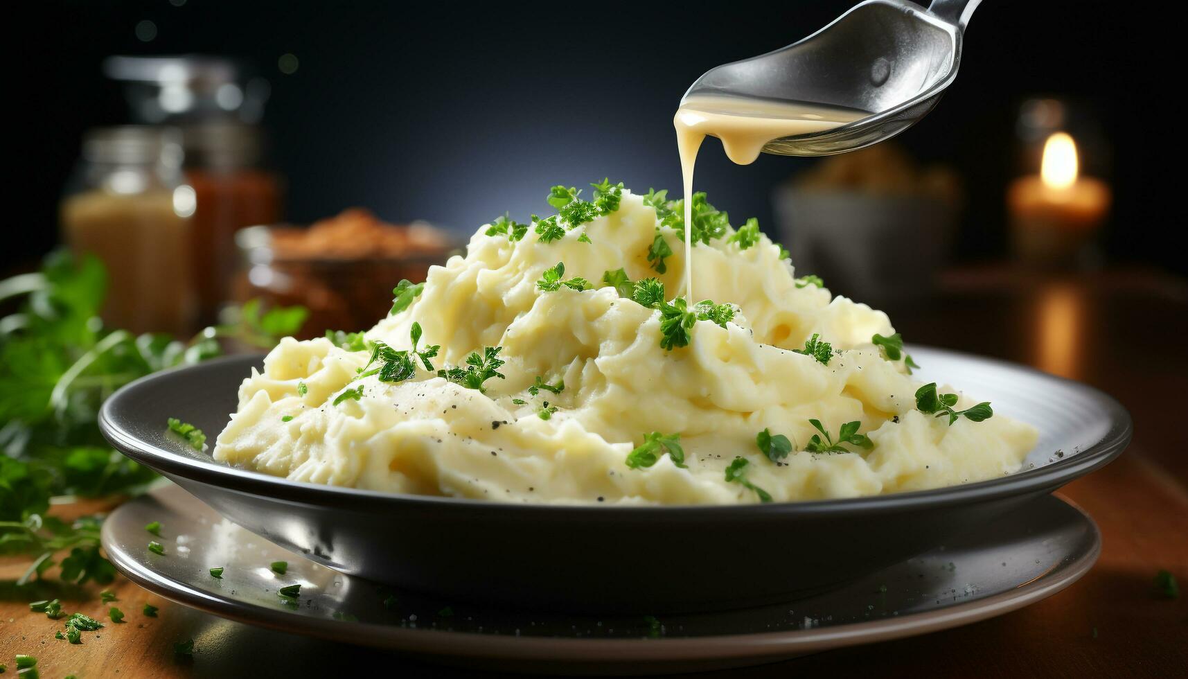 ai generado sano comiendo fresco, hecho en casa vegetariano comida con machacado patatas generado por ai foto