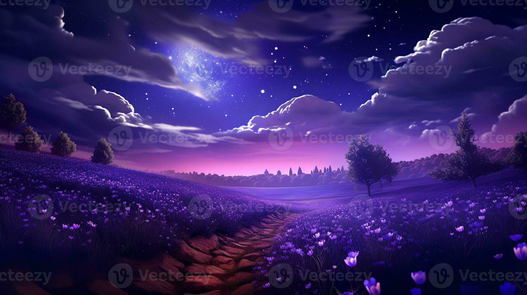 AI generated Moonlit Lavender Field and Starry Sky - AI Generated photo