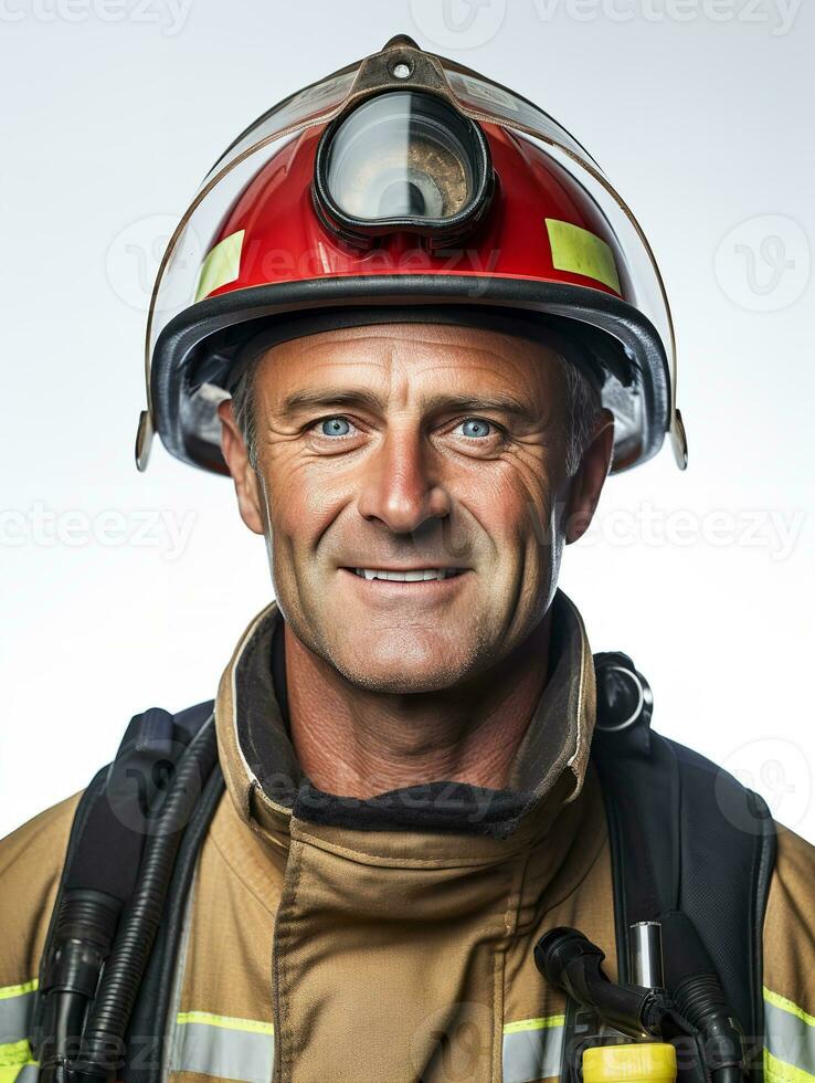 ai generado valiente masculino bombero en acción, ai generado foto
