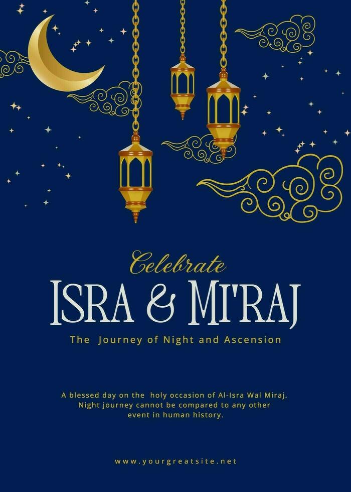 blue and gold isra miraj greeting card design ideas template