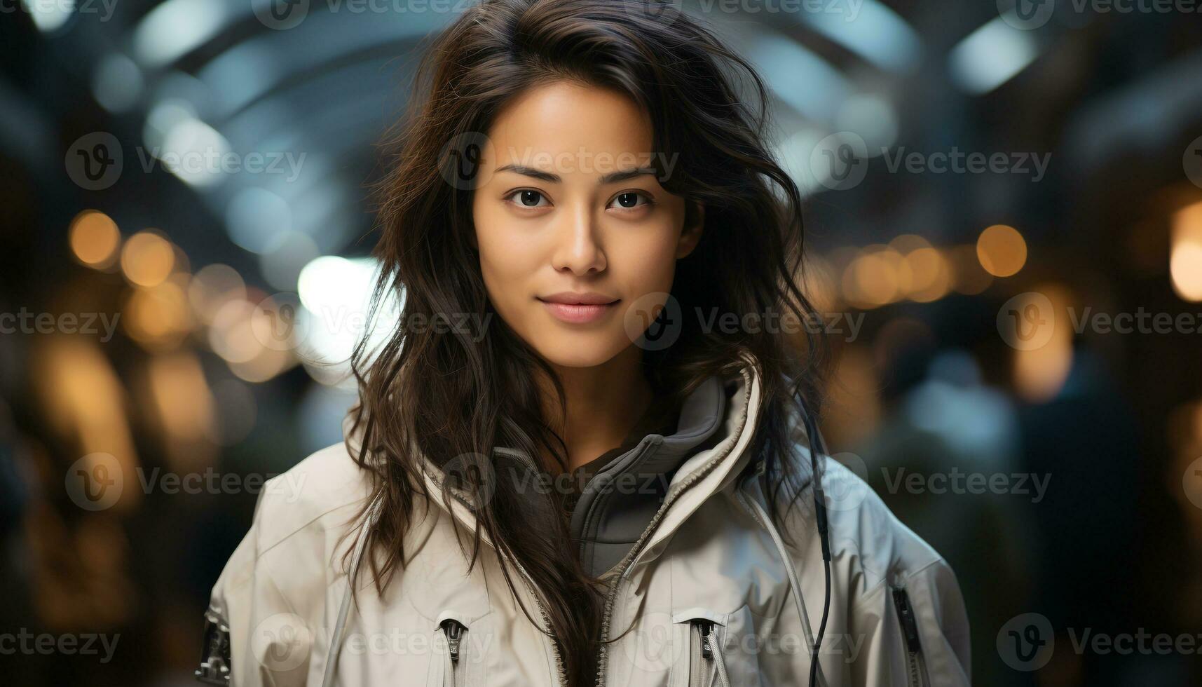 AI generated Young woman smiling, looking at camera, confident in her elegance generated by AI photo