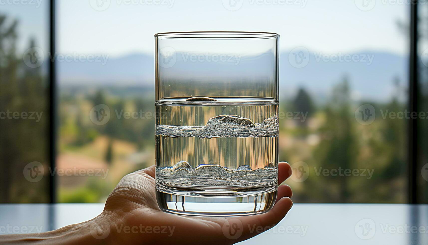 AI generated Hand holding glass of transparent water, refreshing and healthy generated by AI photo