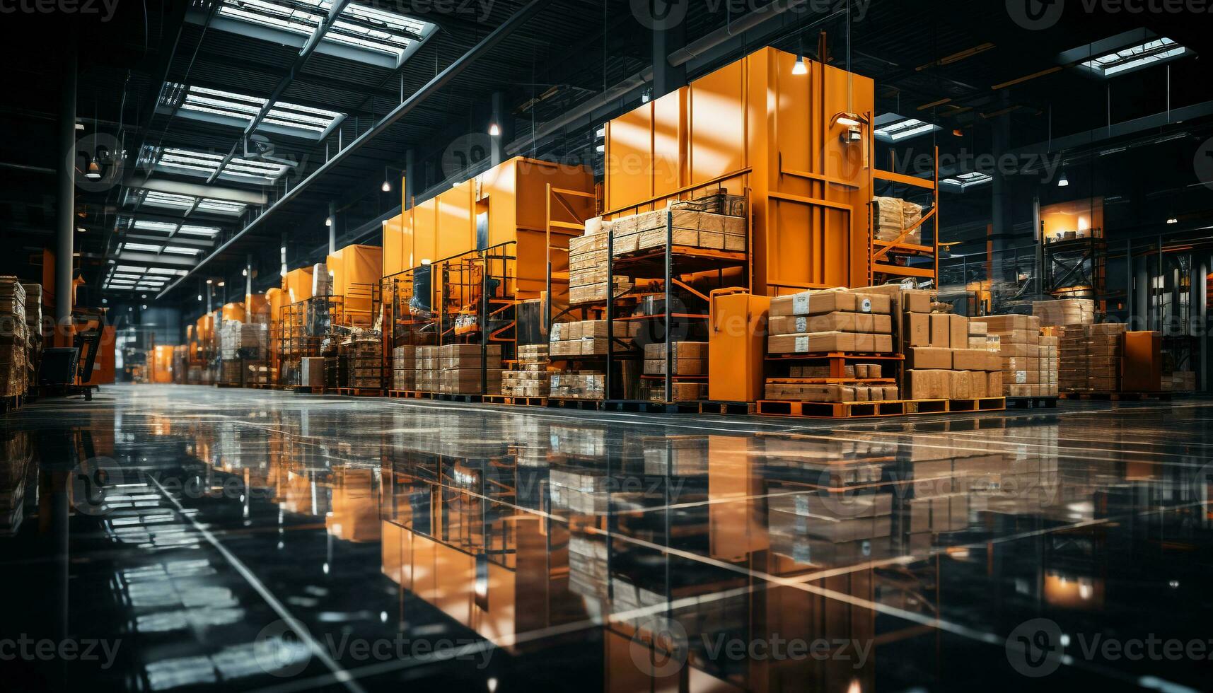 AI generated Large warehouse with stacks of cargo containers and forklifts working generated by AI photo