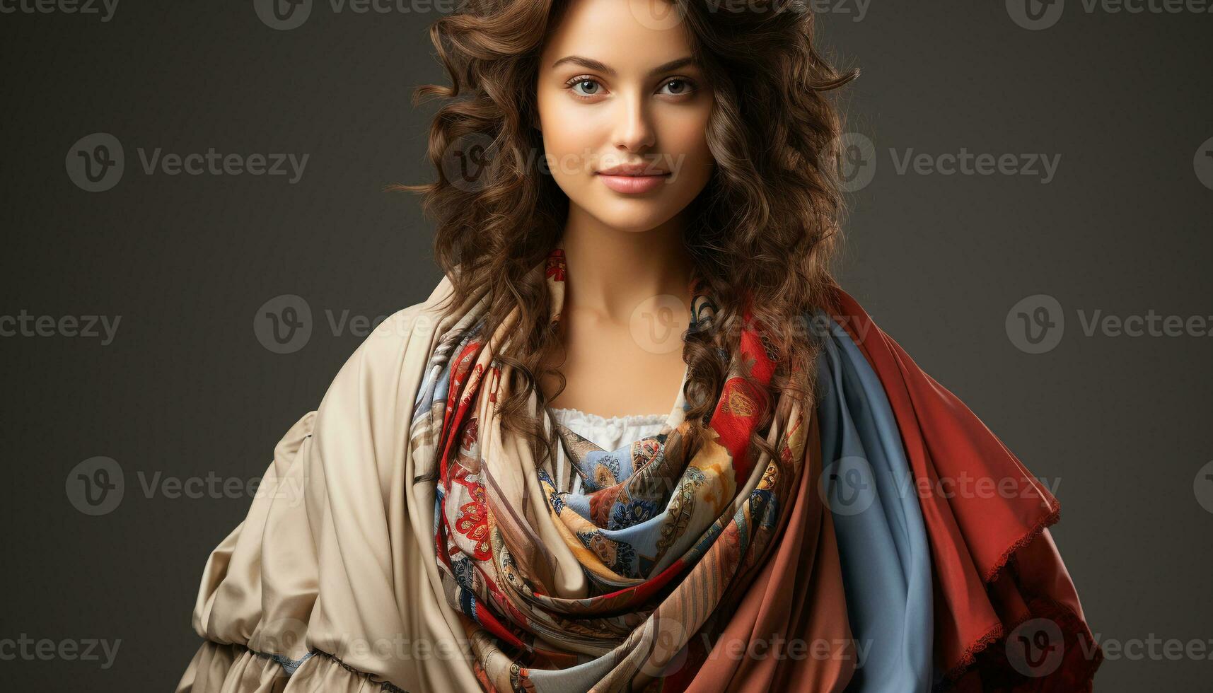 AI generated Beautiful woman with curly brown hair, smiling confidently at camera generated by AI photo