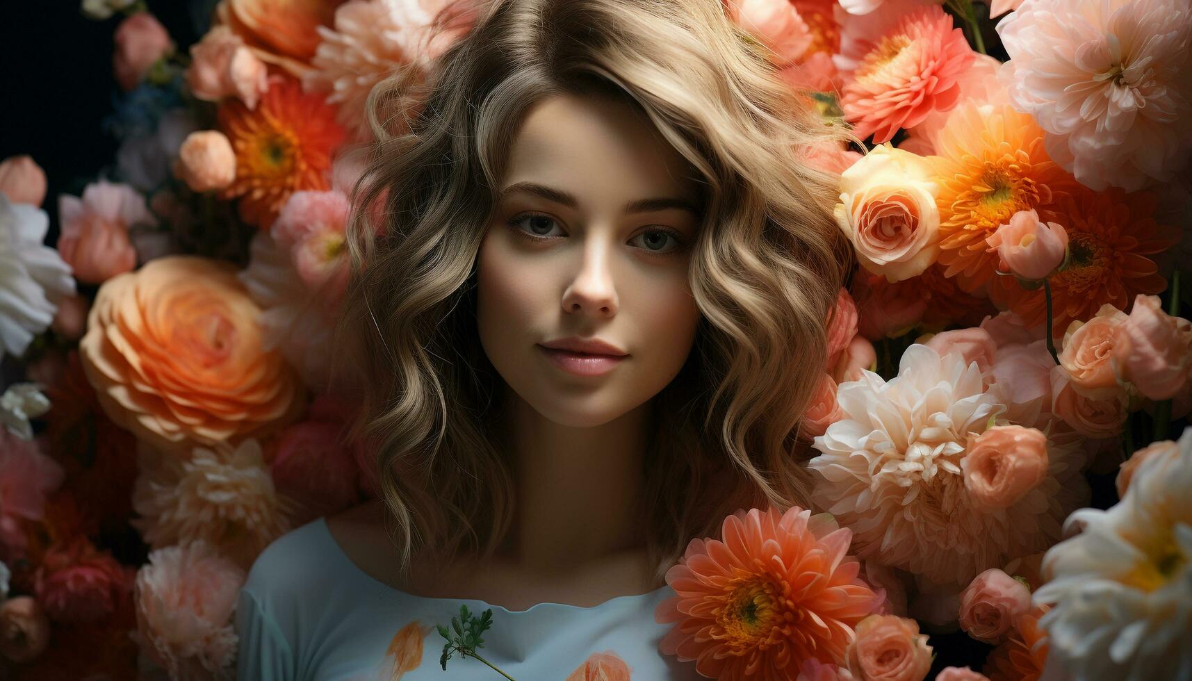 AI generated A beautiful woman with blond hair and a flower bouquet generated by AI photo