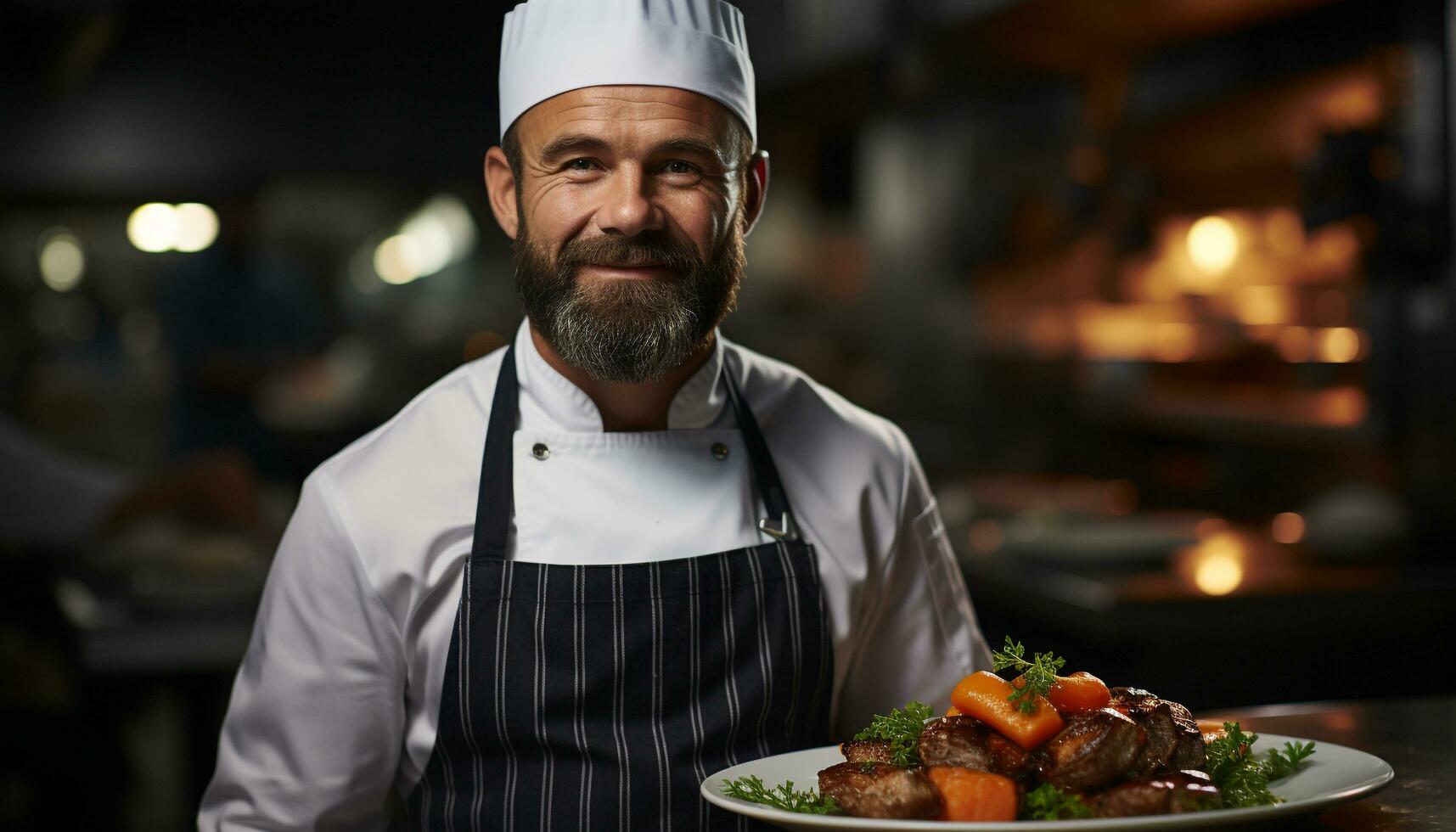 AI generated Smiling chef expertly cooking, holding plate of fresh gourmet meal generated by AI photo