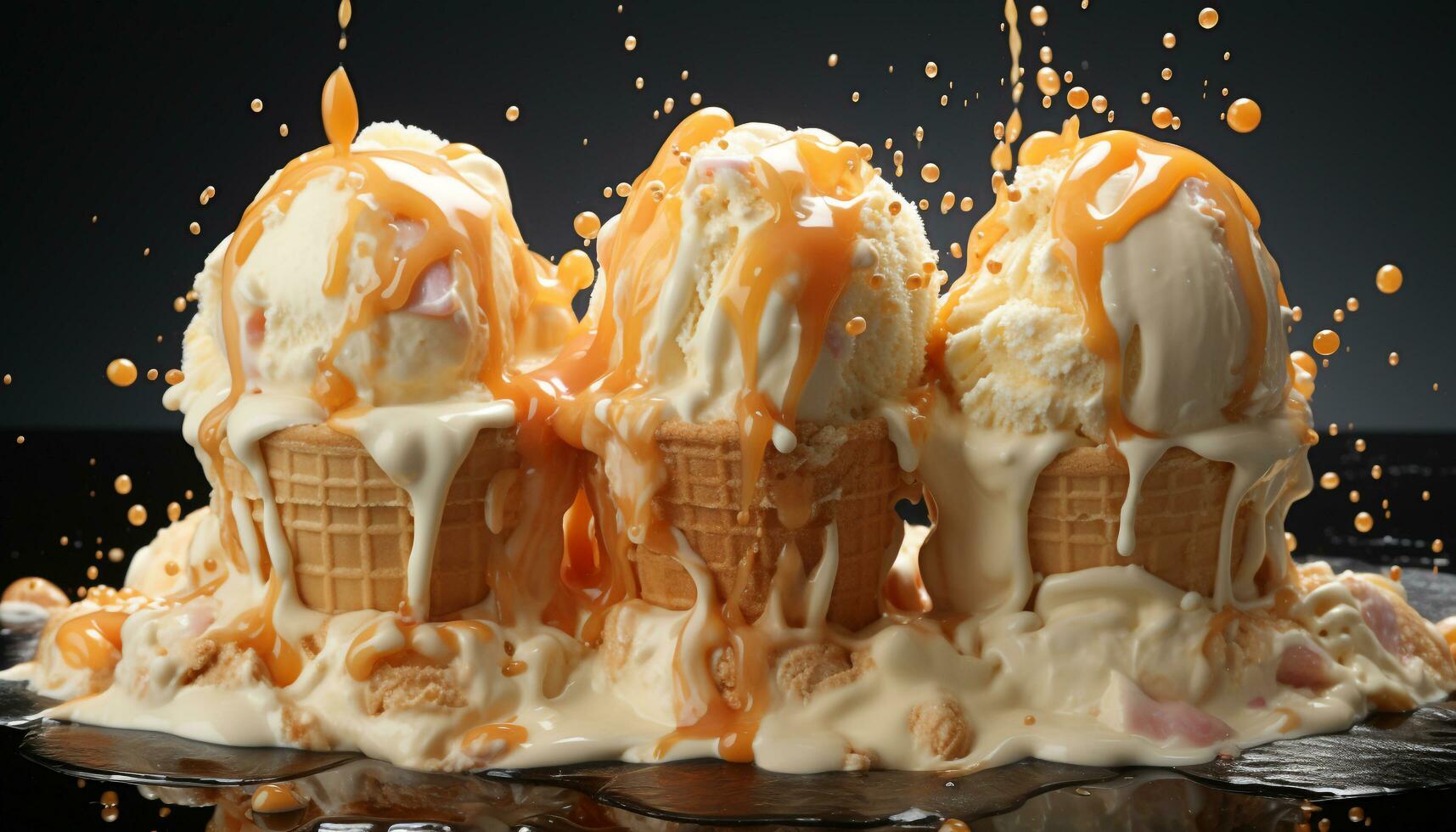AI generated Indulgent homemade chocolate ice cream melts on wooden table generated by AI photo