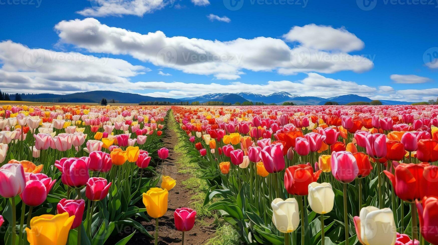 AI generated Spring Tulip Delight Under Blue Sky - AI Generated photo