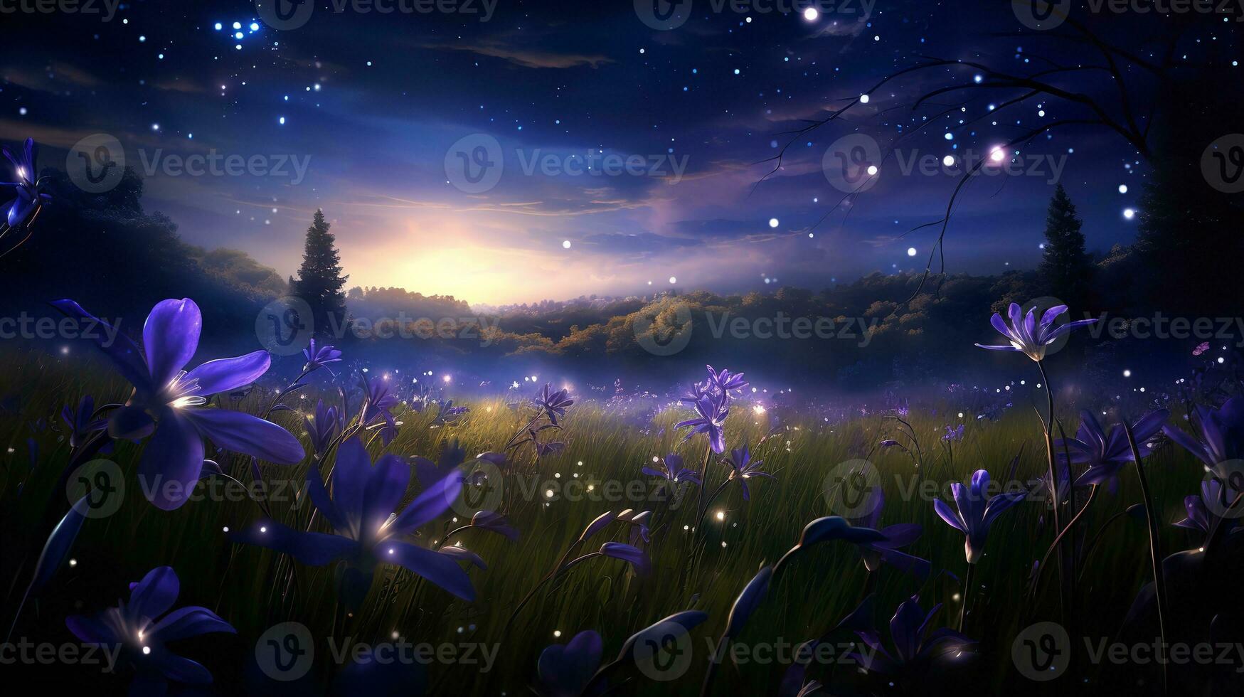 AI generated Moonlit Iris Field and Fireflies - AI Generated photo