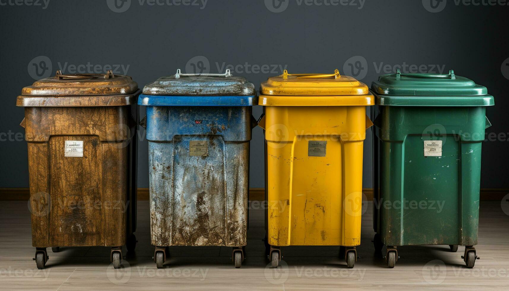 ai generado reciclaje envase amarillo tapa, azul compartimiento, verde símbolo, limpiar ambiente generado por ai foto