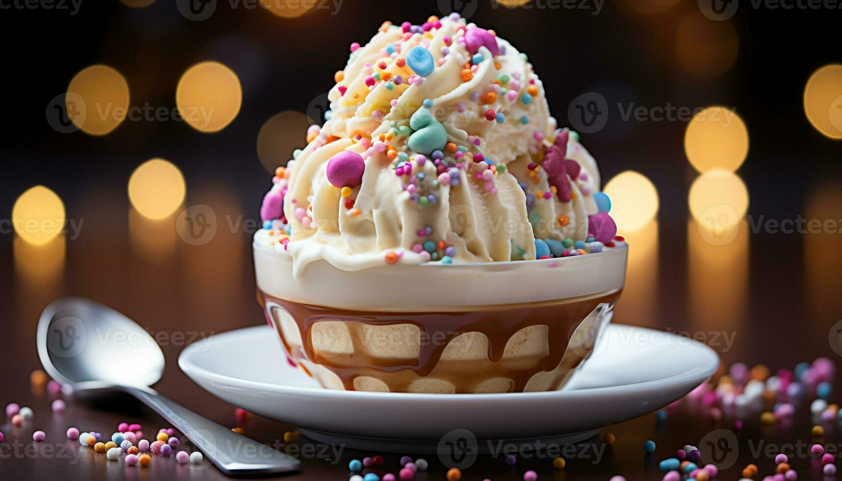 AI generated Sweet food decoration chocolate cupcake with multi colored icing and candy generated by AI photo