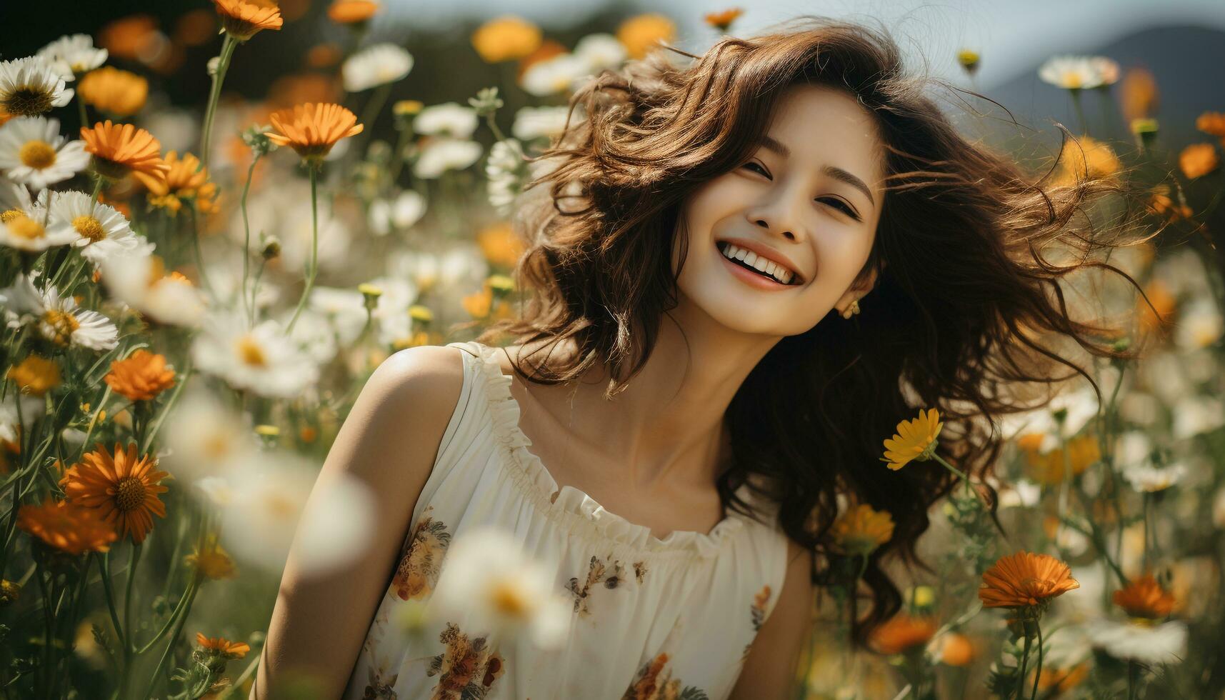 AI generated Young woman enjoying the beauty of nature, smiling and carefree generated by AI photo