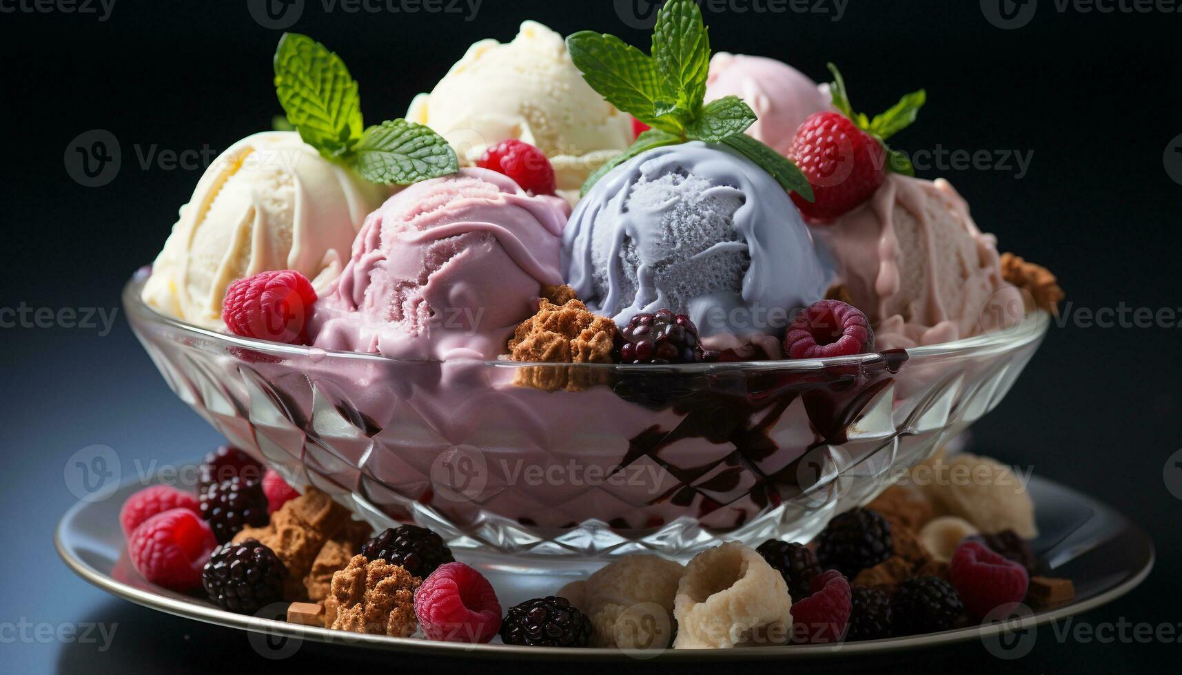 AI generated Indulgent dessert raspberry ice cream, strawberry, mint leaf, chocolate generated by AI photo