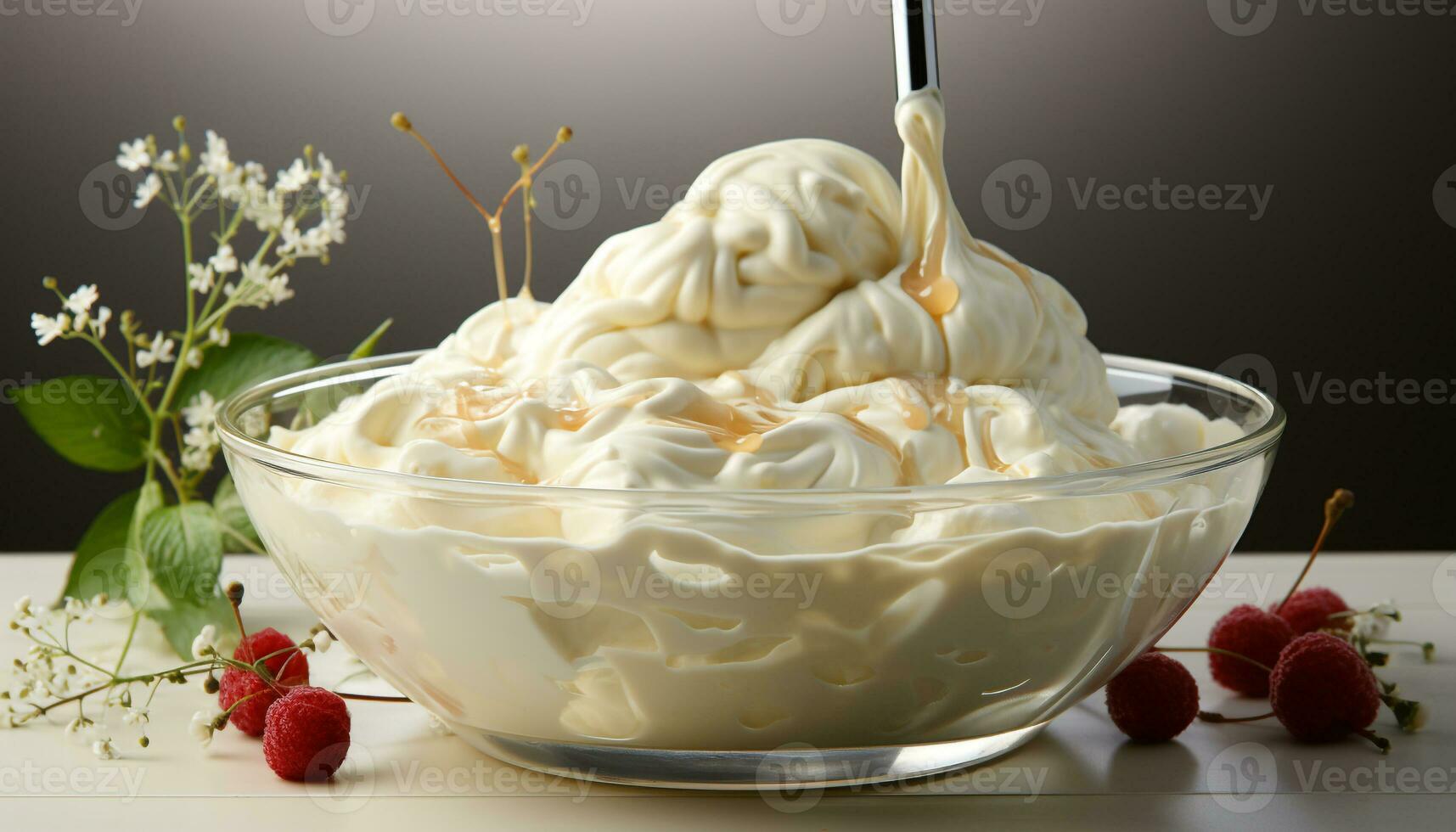 AI generated Fresh raspberry yogurt bowl on wooden table, healthy summer snack generated by AI photo