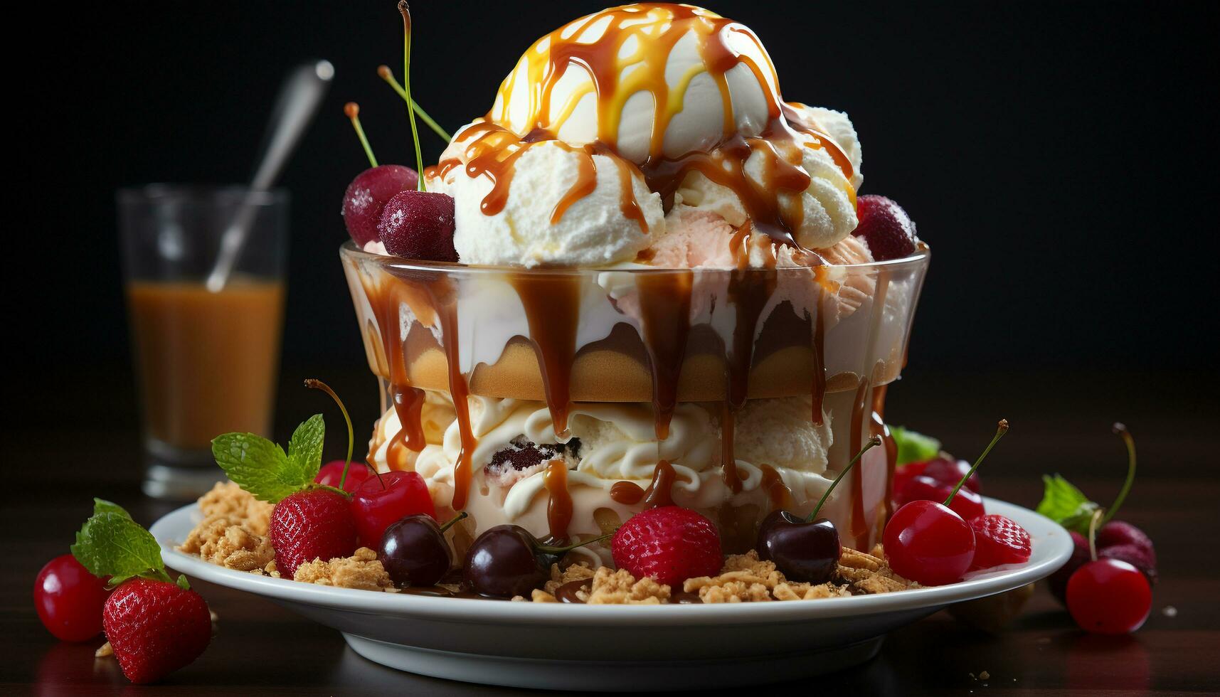 AI generated Indulgent summer dessert Berry parfait with chocolate and whipped cream generated by AI photo