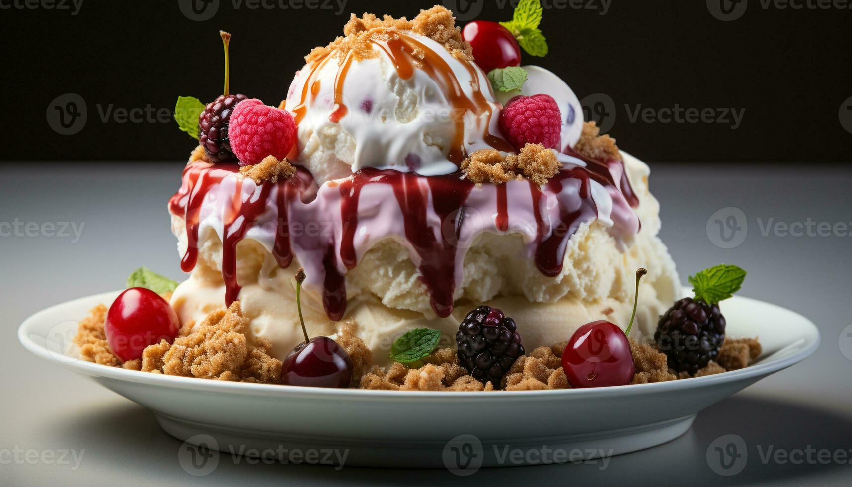 ai generado frescura y indulgencia en un plato baya postre con azotado crema generado por ai foto