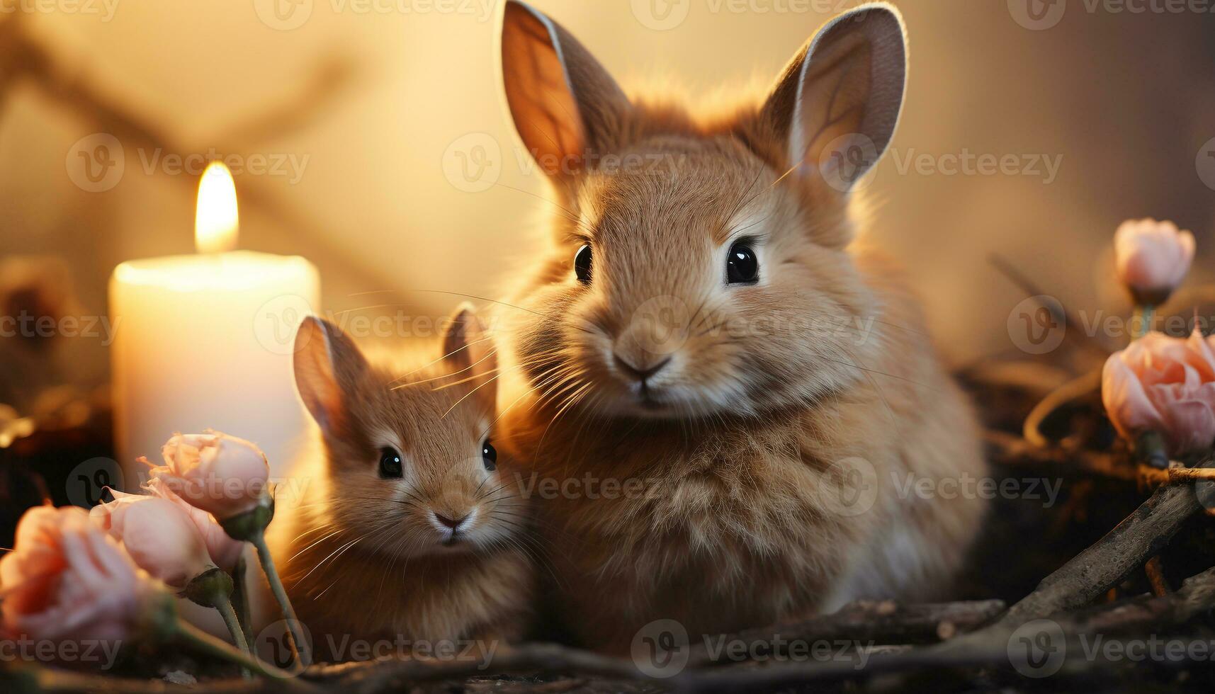 AI generated Cute baby rabbit sitting in meadow, symbol of love generated by AI photo