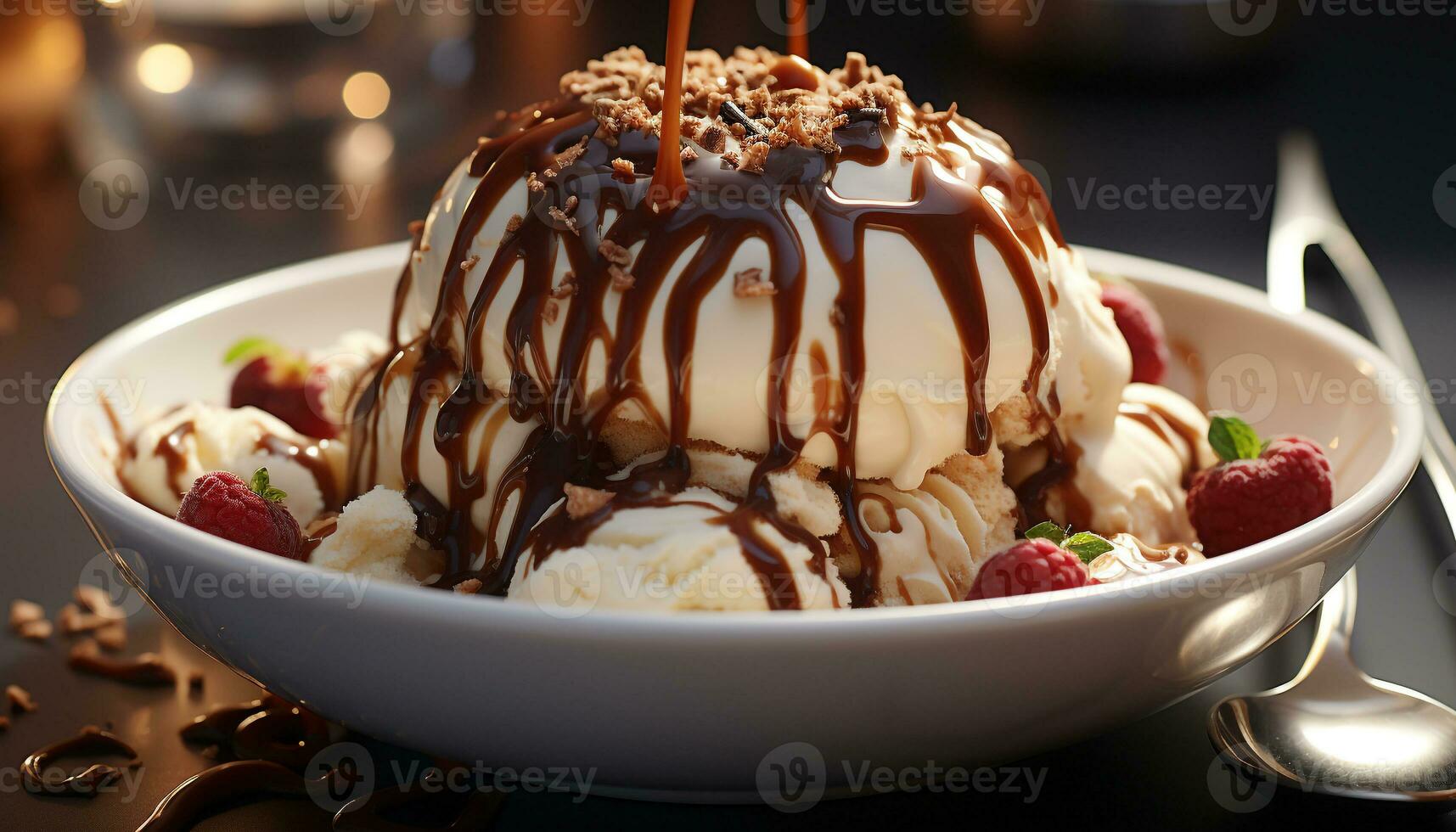 ai generado recién horneado hecho en casa tortita apilar con chocolate salsa y bayas generado por ai foto