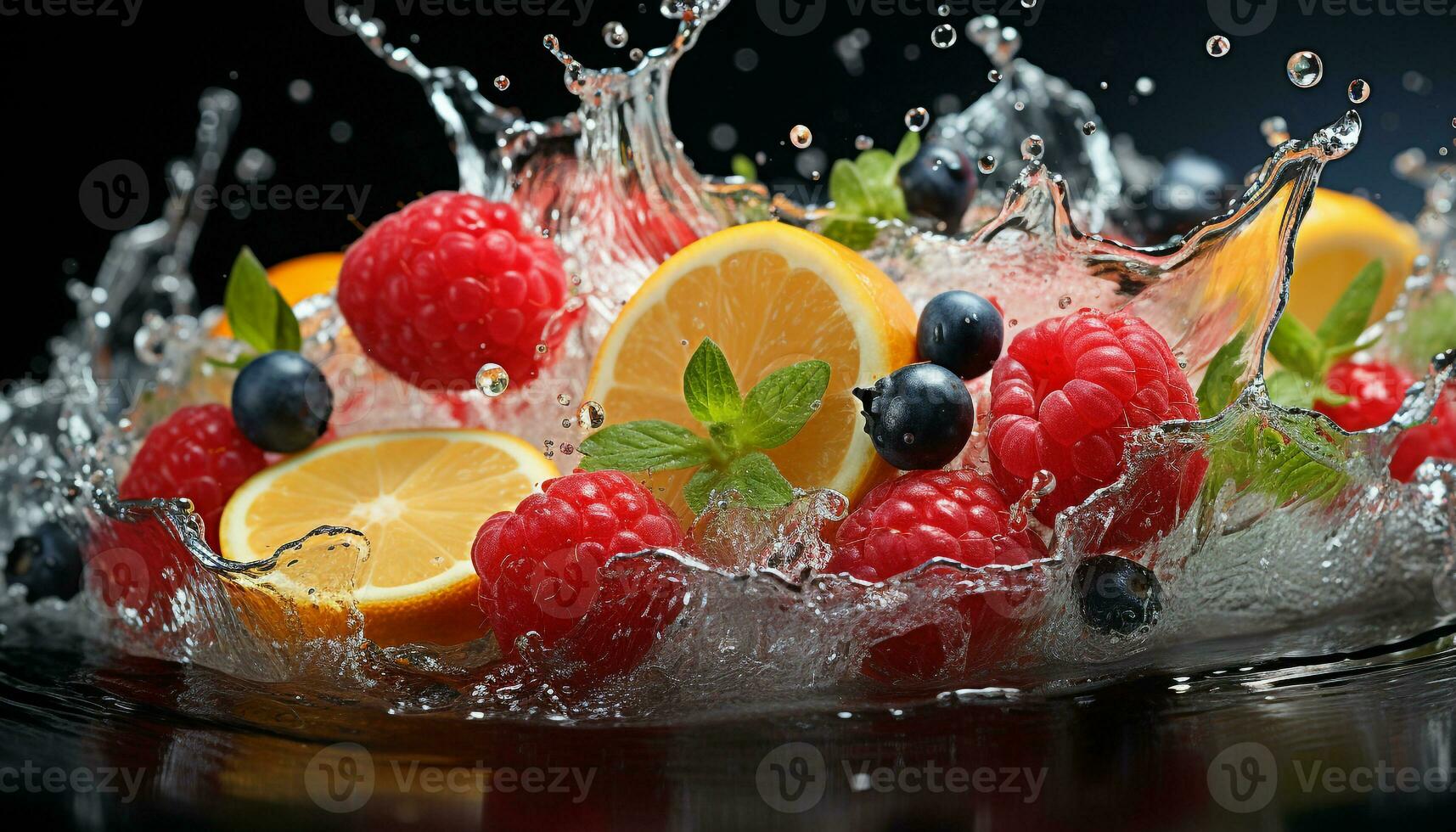 AI generated Freshness of fruit, wet drops, lemon, raspberry, splashing liquid, refreshing drink generated by AI photo