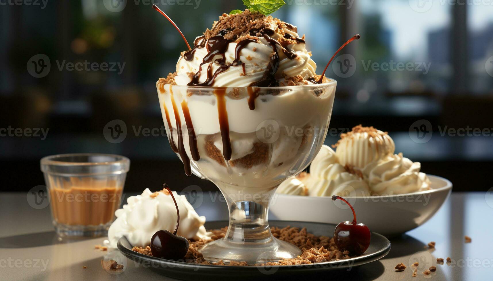 AI generated Homemade ice cream sundae, a refreshing summer dessert indulgence generated by AI photo