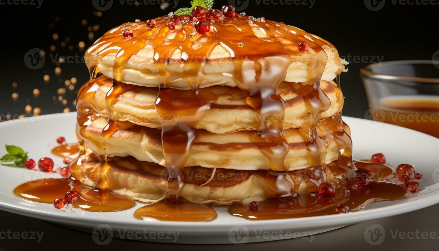 AI generated Freshly cooked pancakes stacked high with syrup and fruit generated by AI photo