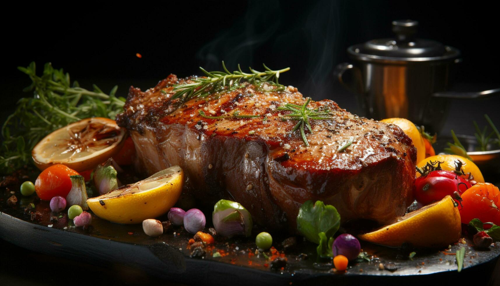 AI generated Grilled steak fillet, fresh tomato, cooked vegetable, healthy eating generated by AI photo