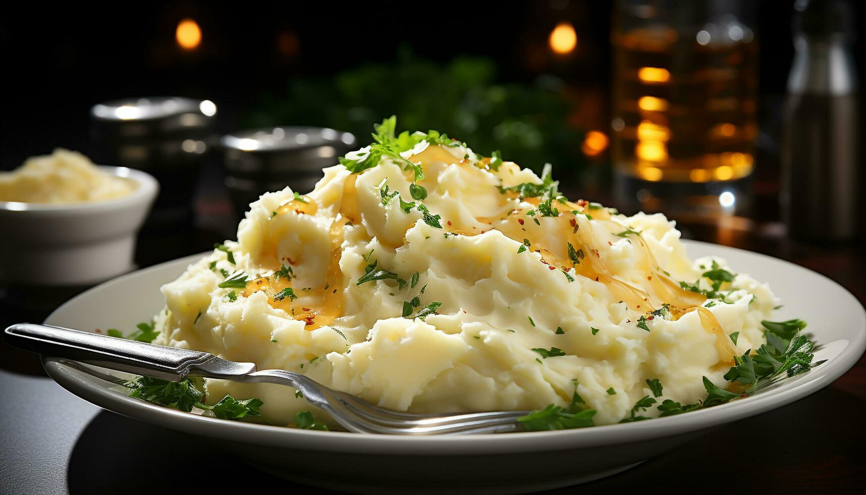 ai generado recién cocido machacado patatas con mantequilla y perejil en plato generado por ai foto