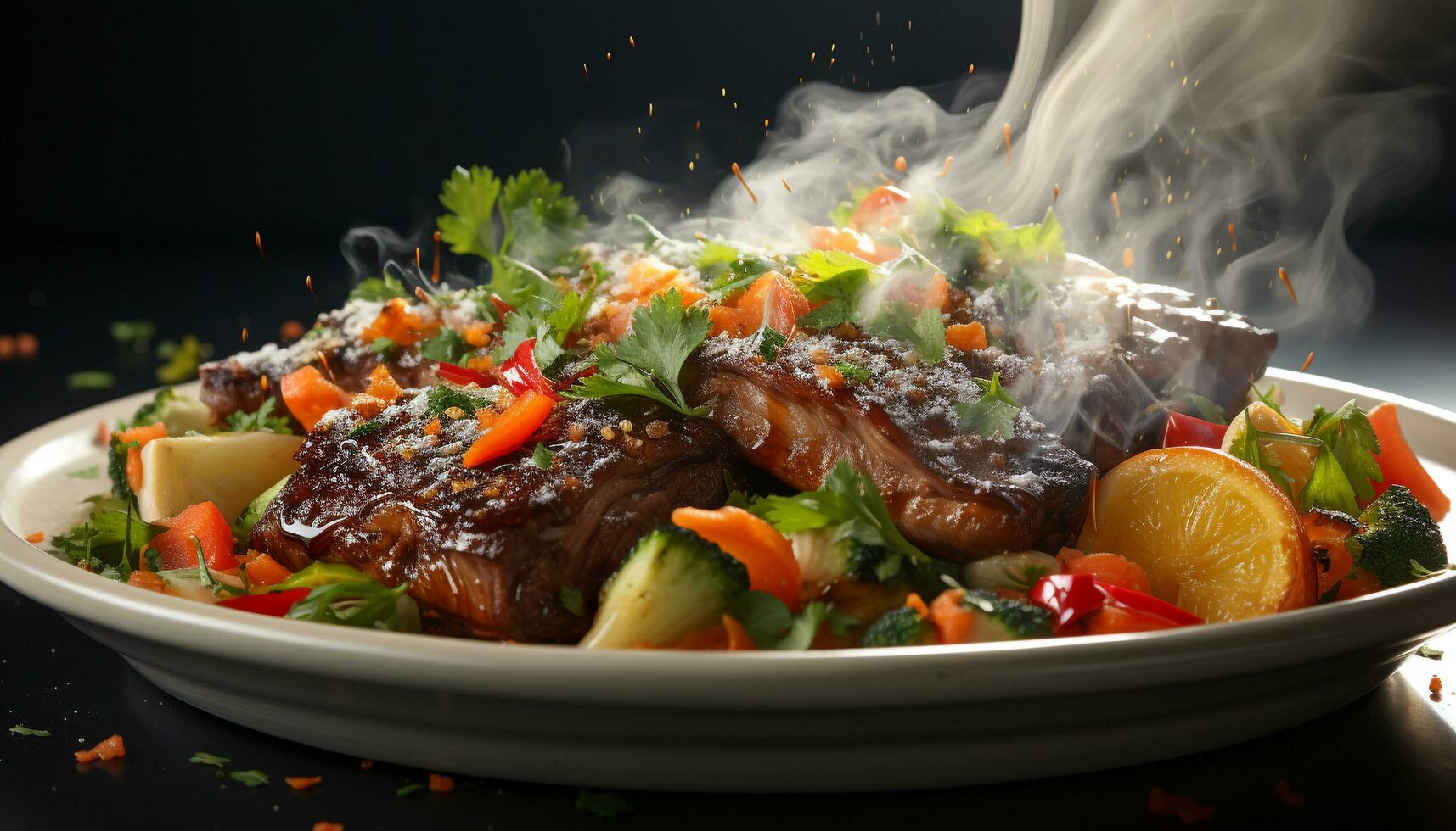 AI generated Grilled steak, tomato salad, and fresh vegetables on plate generated by AI photo
