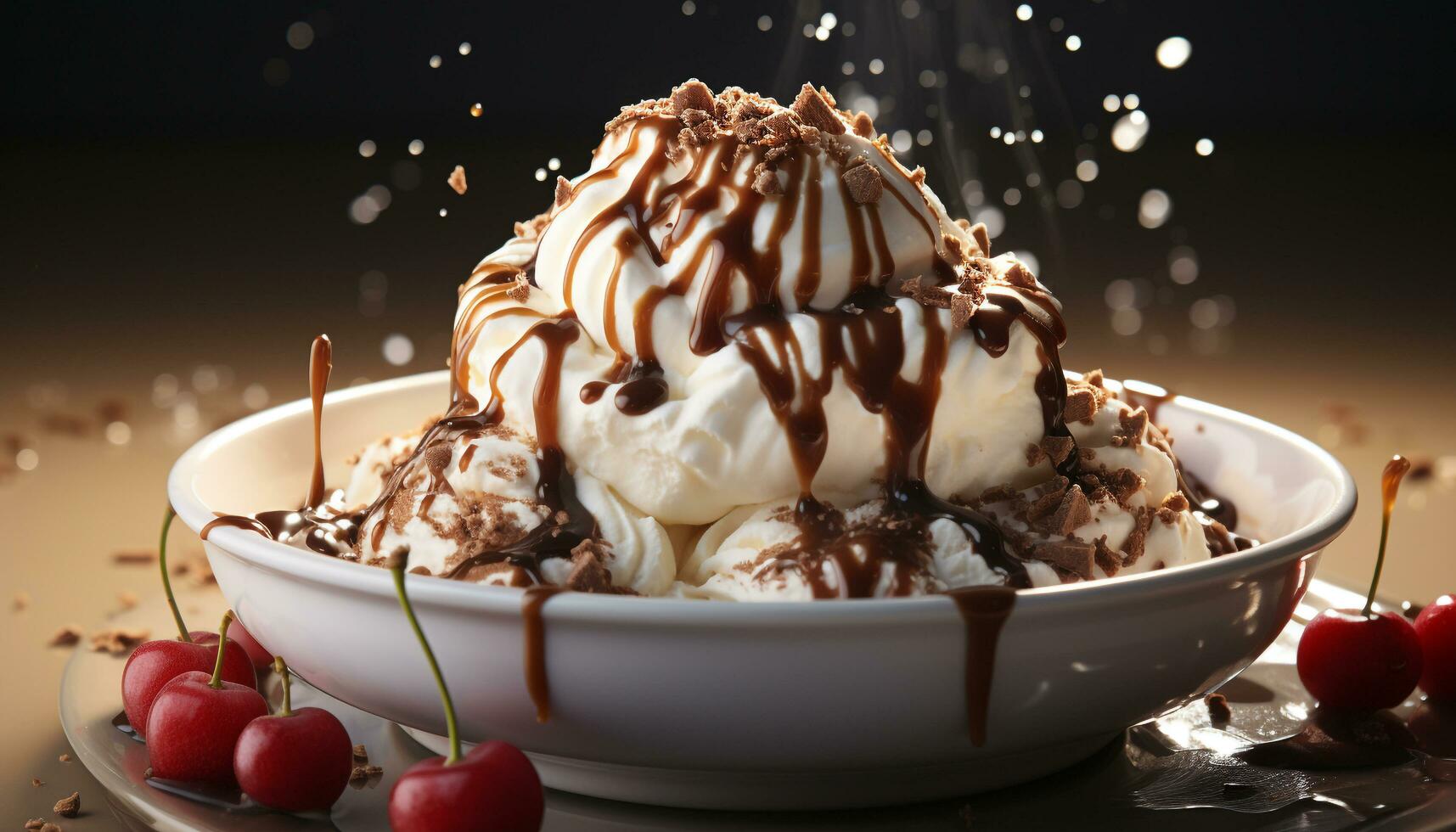 AI generated Homemade ice cream sundae with fresh berries and chocolate sauce generated by AI photo