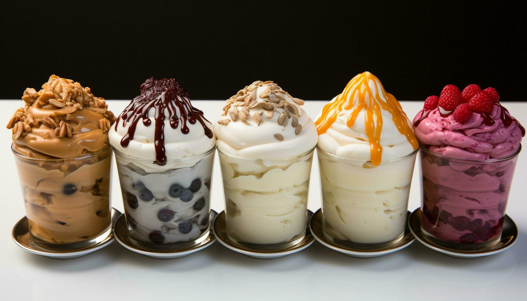 AI generated Homemade dessert sweet, creamy mousse with fresh fruit indulgence generated by AI photo