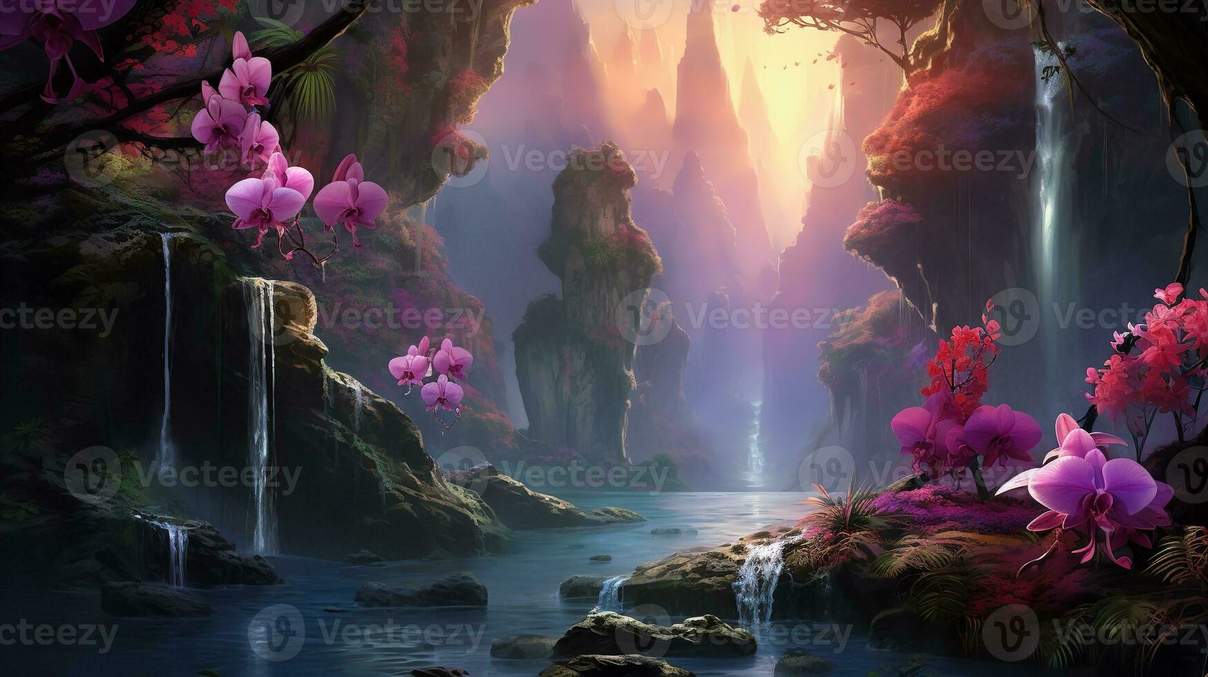 AI generated Tropical Orchid Field and Waterfall - AI Generated photo